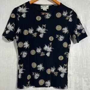 VTG Top PETITE Black White Tan Asian Logo Floral Chrysanthemum USA Made Slinky